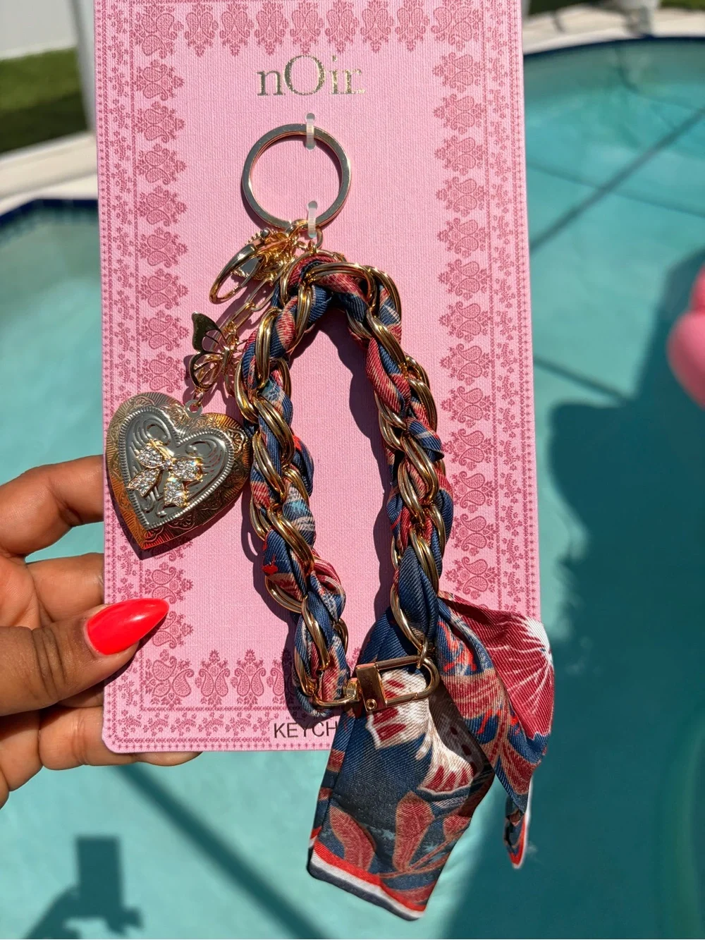 Braided scarf keychain with dangling Gold Heart Charm and butterflies-NIB